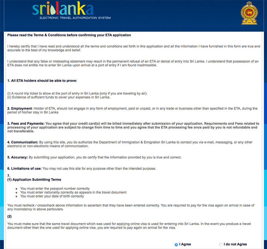 Bestätigung der Bedingungen bei deinem ETA Antrag für dein Touristen-Visum für Sri Lanka